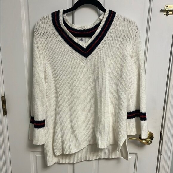 Cabi White V-Neck Sweater with Striped Accents - Picture 1 of 5